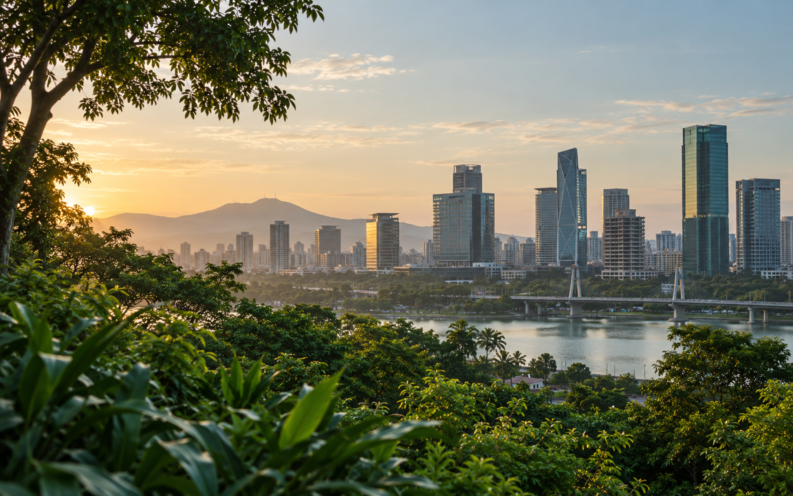 Modern city framed by abundant greenery